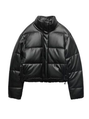 Zara Black Faux Leather Short Puffer Jacket with Funnel Collar S